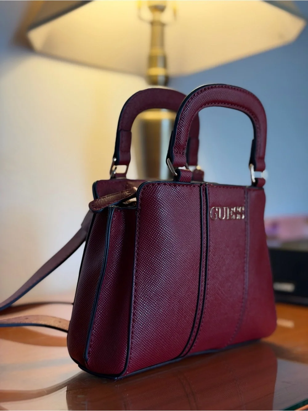 GUESS Burgundy Mini Satchel Crossbody Bag with Adjustable Strap